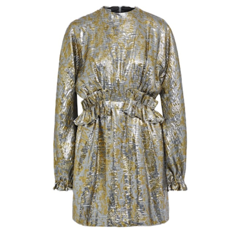 DRIES VAN NOTEN Ruffle Trimmed Metallic Silk Blend Brocade Dress NEW Silver Gold